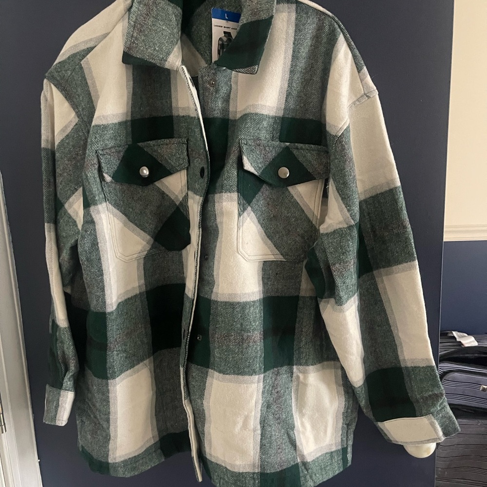 Green and White Plaid ShirtJacket